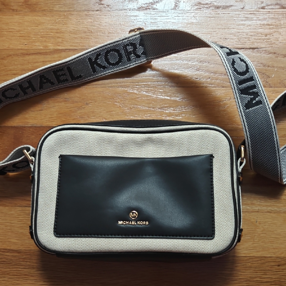 Michael Kors Black and Cream Crossbody Bag with Logo Strap